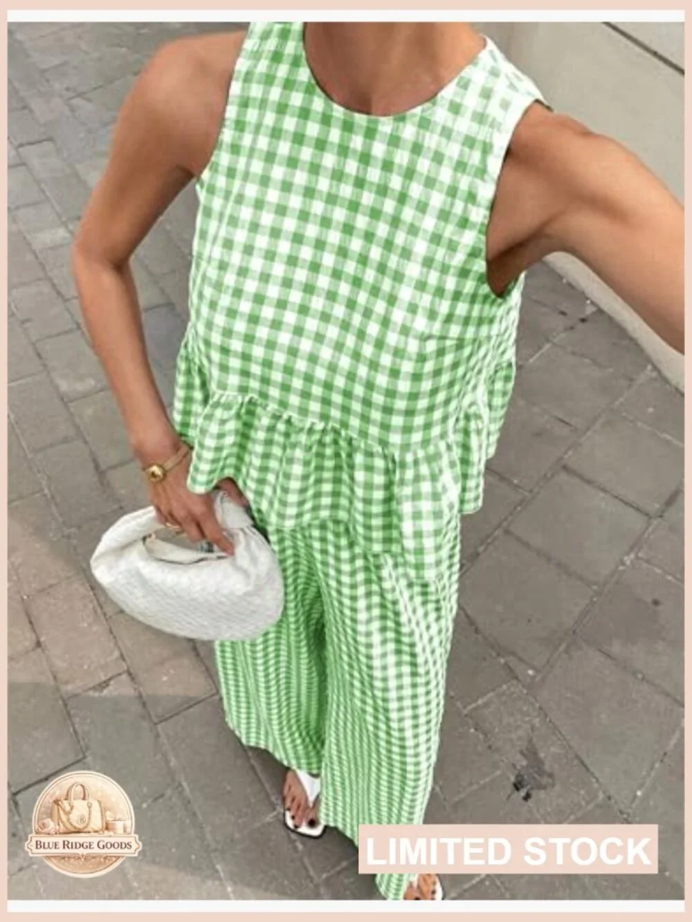 Gingham Plaid Sleeveless Ruffle Tank and Wide Leg Pants Set Summer Matching